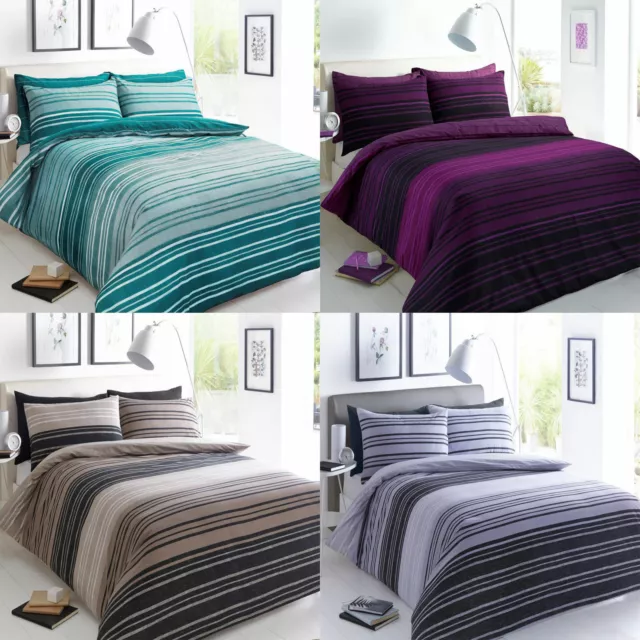 Reversible Textured Stripe Duvet Quilt Cover Bedding Sets - Brown / Black / Teal