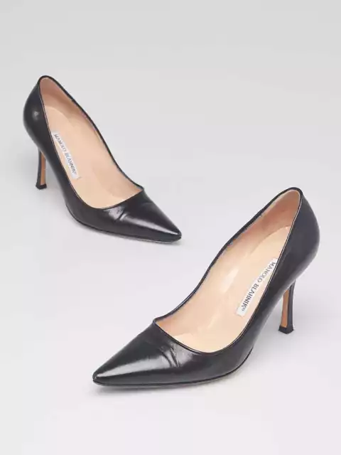 Manolo Blahnik Black Leather BB 90 Pointed Toe Pumps Size 4/34.5