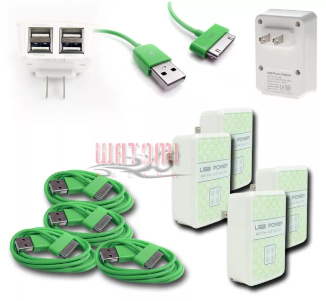 4X 4 Adaptador De Pared Puerto Usb + Cargador De Alimentación Cable De 6 Pies Verde Para Iphone 4S Ipod Ipad