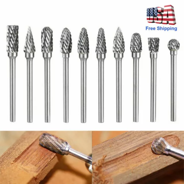 10pcs 1/4'' Tungsten Head Carbide Burrs For Rotary Drill Die Grinder Carving Bit