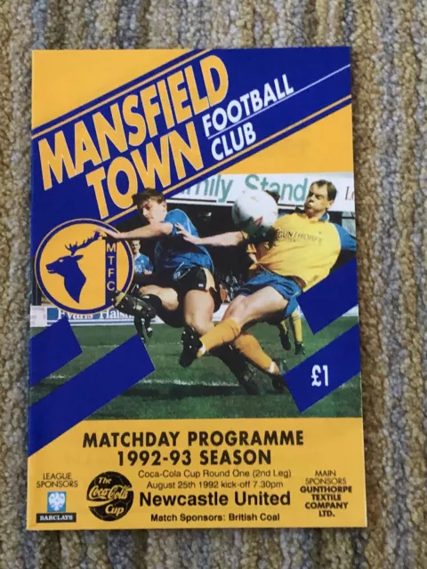 Mansfield Town v Newcastle United - 1992/93 - League Cup - Match Day Programme