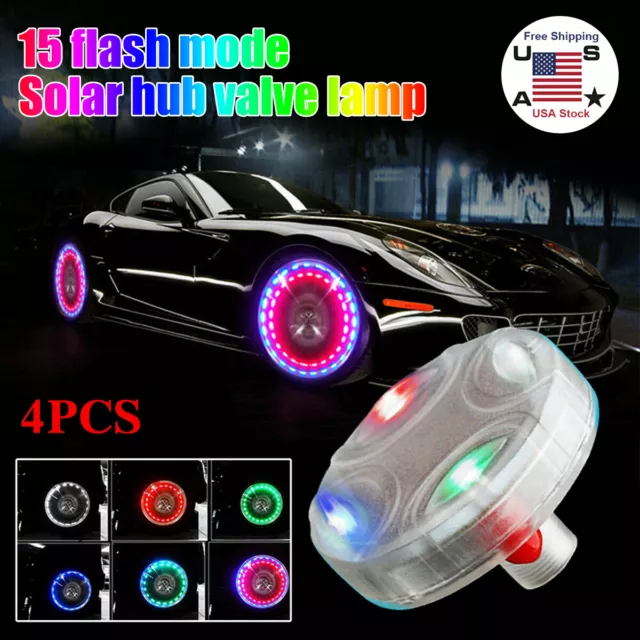 4x 15 Mode Solar Energy Auto Flash LED Car Wheel Hub Tire Valve Cap Light Lamp