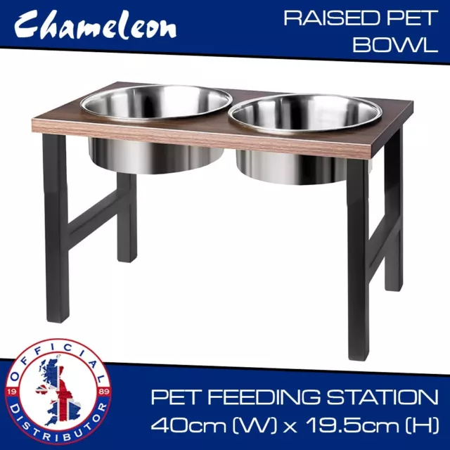 Wooden-Look Raised Pet Feeding Station Double Steel Bowl Dog Puppy Bowl 40x20cm