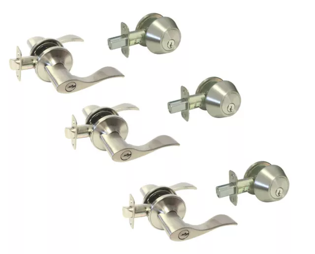 3 Entry Door Locks sets Satin Nickel Brushed Nickel Levers Handles Keyed alike