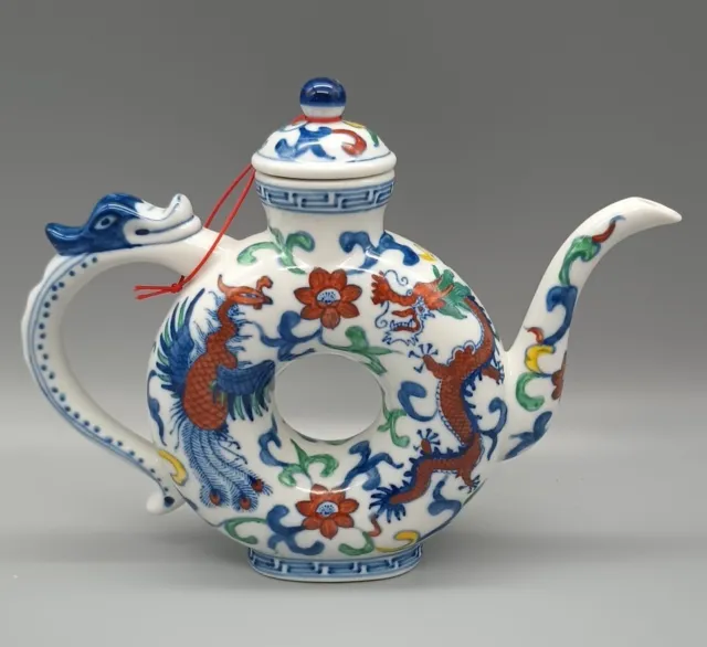 Chinese Donut Teapot With Dragon & Phoenix Design  Colorful Vintage