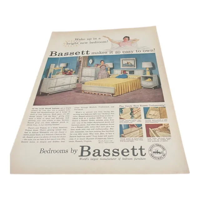 Vintage 1956 Bassett Furniture Ephemera  Print Ad 10.5” X 13.5” C.03 Bedroom