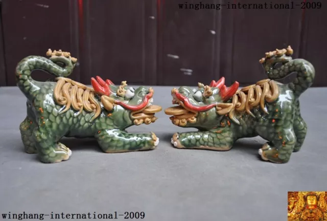 6"Chinese Pottery WuCai porcelain Feng Shui Evil Door Guard Fu Foo Dog Lion Pair
