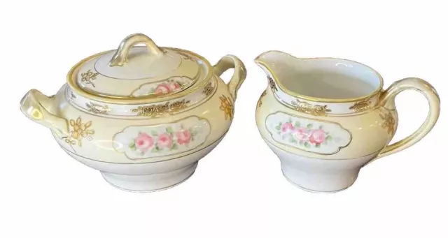 Vintage Nippon Hand Painted Sugar Bowl W Lid Creamer Pink & Gold Roses