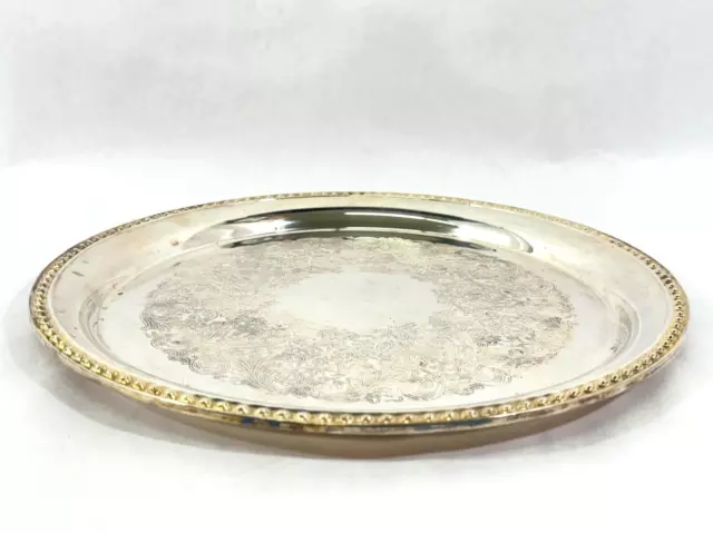 Vtg Wm Rogers Round Silver Plate Tray 12.25 Inch Floral And Scroll Pattern