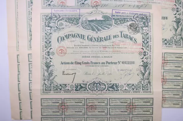 Compagnie Generale Des Tabacs Action De 250 Francs Paris 1920 X 5 Actions
