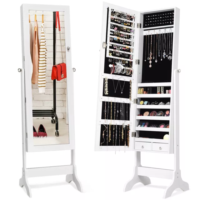 Mirrored Lockable Jewelry Cabinet Armoire Storage Organizer Box w/ Drawers White