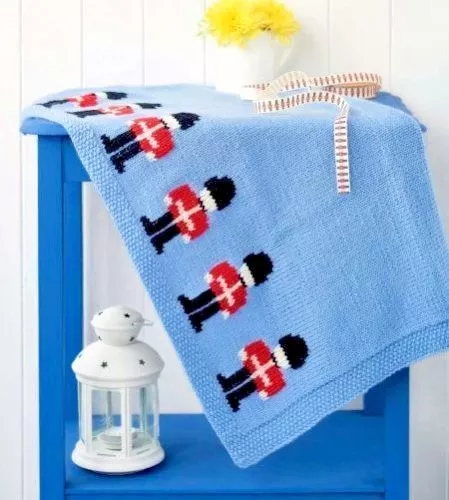 Stylish Little Soldiers Motif Baby Boy's Blanket Dk Knitting Pattern