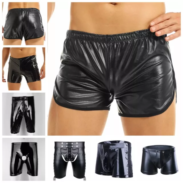 Sexy Men's Lingerie Underwear PVC Leather Metallic Open Front Hole Trunk Shorts