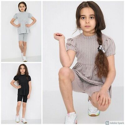 Girls Kids Puff Sleeve Frill Pleated 2 Piece Shorts Top Loungewear Co-Ord Set