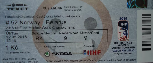 mint TICKET Ice Hockey WC 12.5.2015 Norway vs Belarus in Ostrava