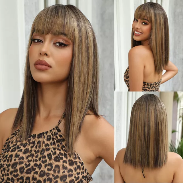 ELEMENT Ombre Brown Blonde Wigswith Bangs Long Straight synthetic Wig for Women