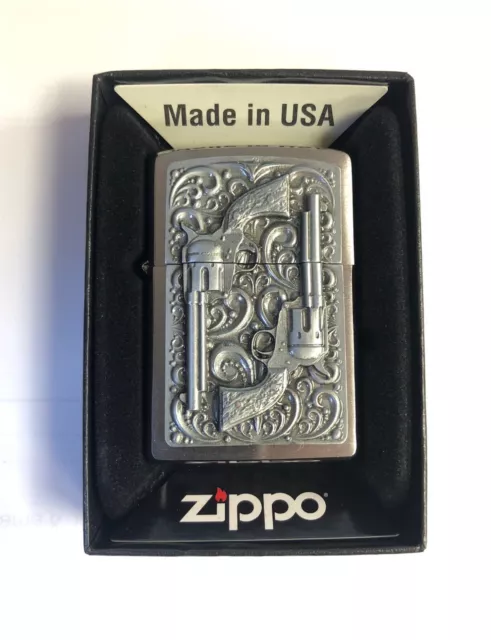 Zippo "Revolver" Emblem Brushed Chrome Lighter / 2001654 New Boxed