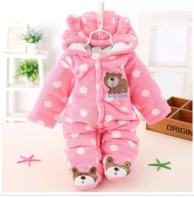 Newborn Infant Winter Jumpsuit Hooded Baby Fleece Romper Clothes Outfit Bodysuit 3