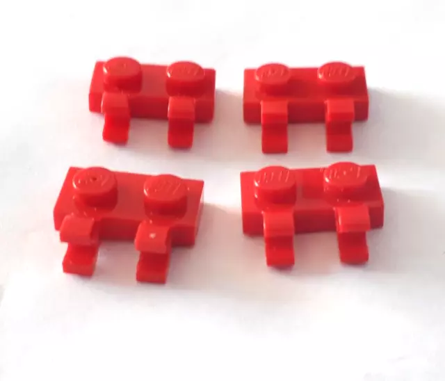 LEGO Red Plate Modified 1 x 2 with 2 U Clips (Horizontal Grip) 4x