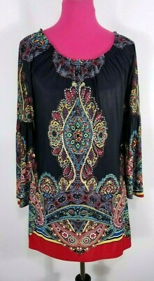 Urban Mango Dress Size M Black Red Paisley Rhinestones Long Sleeve Tunic Top