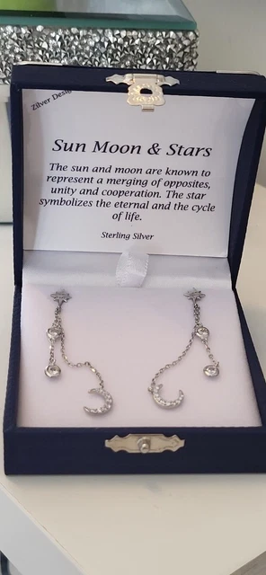 Silver sterling  925 Sun, Moon & Stars Dangle Stud Silver Earrings