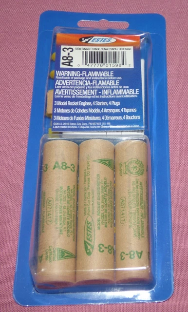 NEW - Estes A8-3 Hobby Model Rocket Engines Fuses 3 pack NEW - Estes A8-3 Hobby Model Rocket Engines Fuses 3 pack