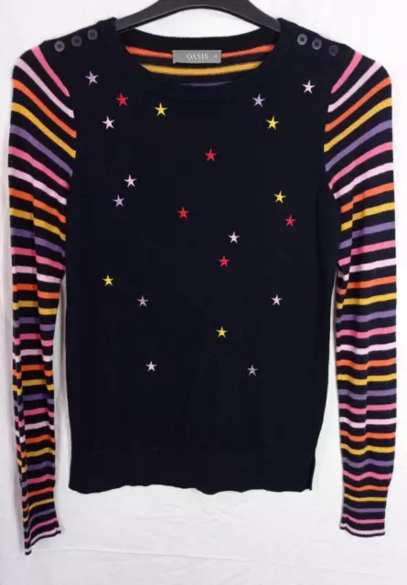 OASIS Jumper - Size XS 6 8  -Navy Blue Knitted Top - Rainbow Stars & Stripes Top