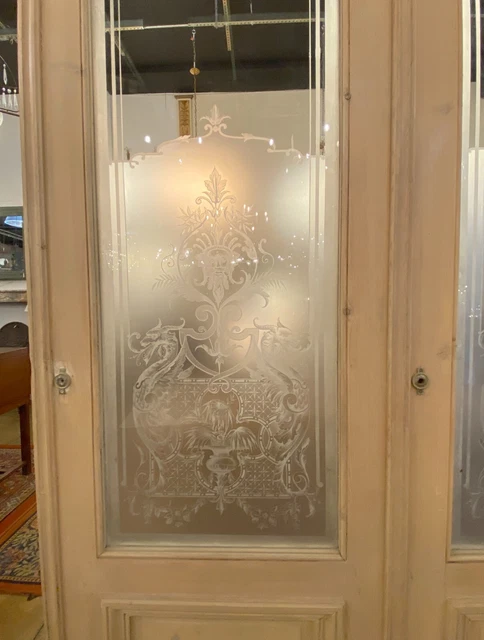 Antique French Figural Etched Glass Double Doors 133 x 62 3
