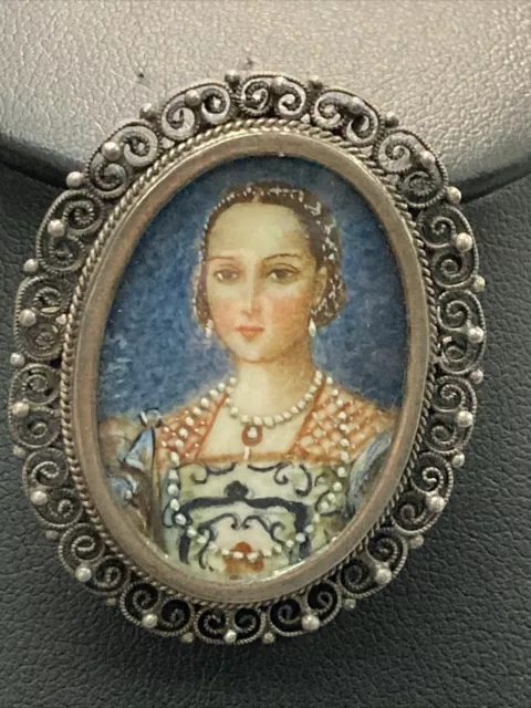 Victorian Pendant And Brooch Hand Painted 800 Silver Beautiful Piece