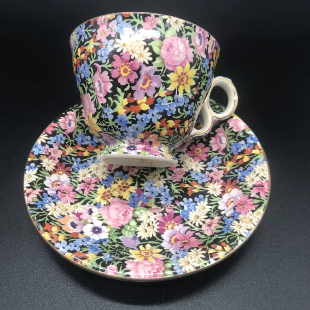 Rare Royal Winton Grimwades Chintz Nantwich Tea Cup and Saucer Black Floral