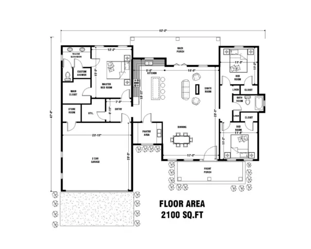 Country House Home Cabin Plans 3 Bedroom 2 Bathroom with Garage & FREE CAD File