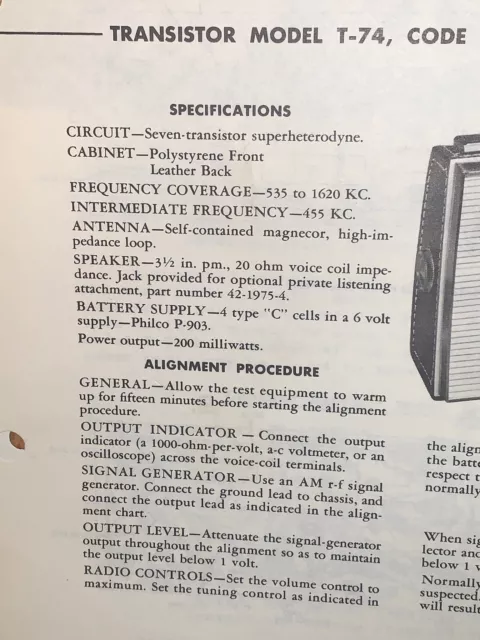 Philco Transistor Radio Model T-74 Service Manual Schematics #4 3