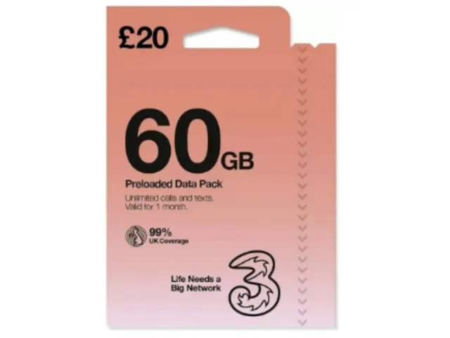 Three 3 Preloaded SIM Card 30GB DATA  Unlimited Calls & Text Pay as You Go