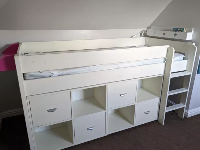 Stompa Mid Sleeper Raised Single Bed with Storage Cubes / Cupboards And Shelf