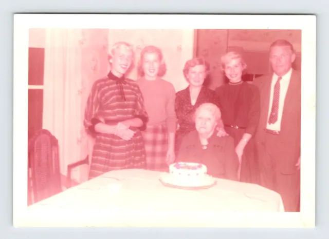 Vintage 1957 Photo Family Around Grandmother Birthday Cake 1950's Found Art R85