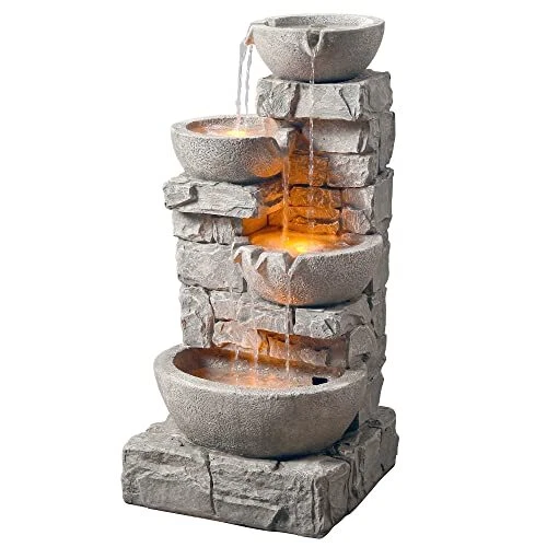 Water 4 Tiered Bowls Floor Stacked Stone Waterfall Fountain with LED Lights