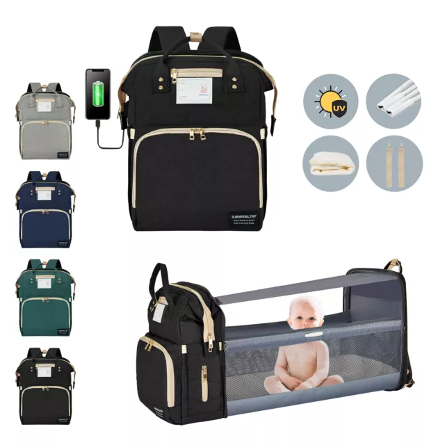 Multi-Functional Diaper Bag Waterproof Travel Foldable Backpack & USB Port Blue