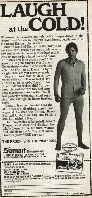 1980 Vintage Print Ad Damart Thermawear Laugh at the Cold Man Underwear Winter