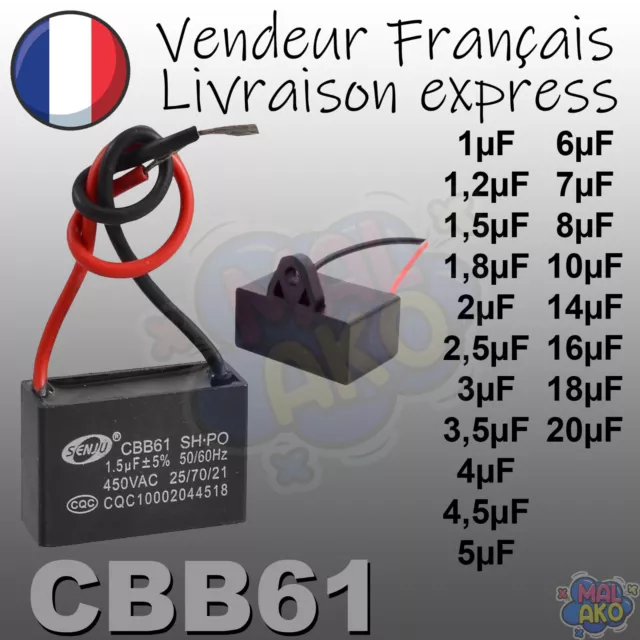CONDENSATEUR DE DÉMARRAGE MOTEUR CBB61 de 1uF à 20uF 450V À FILS CÂBLE
