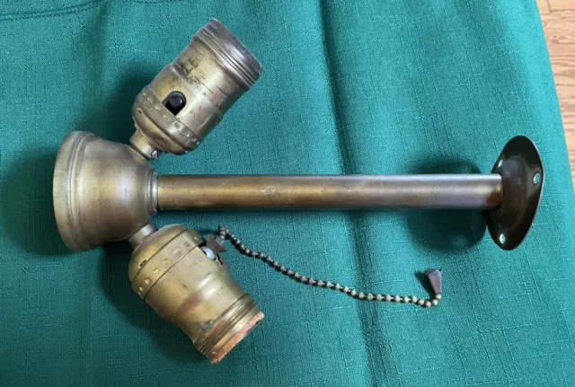 Vintage Double Socket Pull Chain Lamp Cluster And Arm Staff Brass Light Part