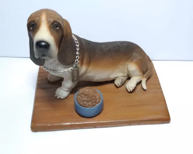 Bassett Hound Statue With Bowl Of Food On Wood Base