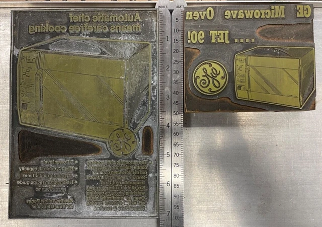 2 Vintage GE JET 90 Microwave Oven Advertising letterpress printing blocks