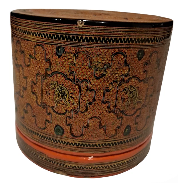 Burmese Asian Orange Lacquer Hand Painted 4 Piece Betel Nut Box RARE ANTIQUE 2