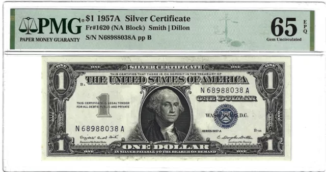 Fr.1620 1957A $1 Silver Certificate Smith/Dillon NA Block PMG 65EPQ GEM