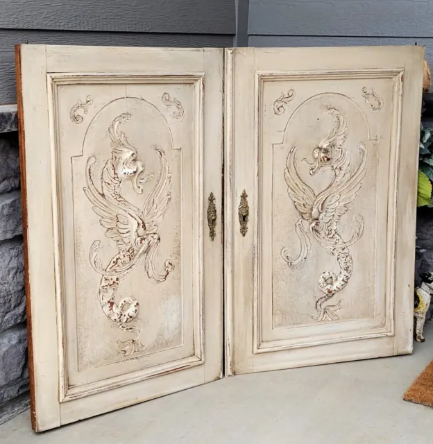 Pair Antique Salvage Victorian Wooden Cabinet Doors Carved Dragons Brass Lions
