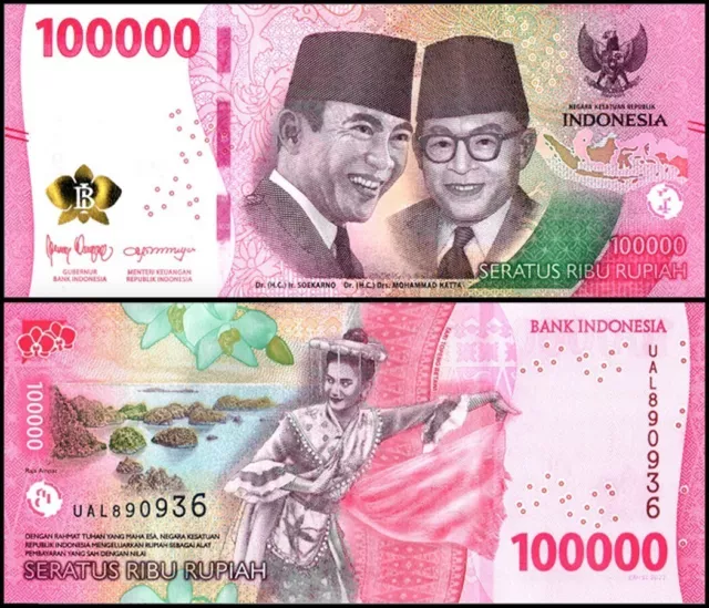 Indonesia 100,000 Rupiah Banknote, 2022, P-168, UNC  USA SELLER