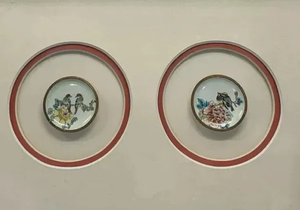 Framed Hand Painted Miniature Pair Love Birds on Ceramic Two Snuff Plates Asian