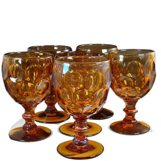 Vtg 6 Indiana Glass Amber Water Goblets Thumbprint Pattern Pressed Glass