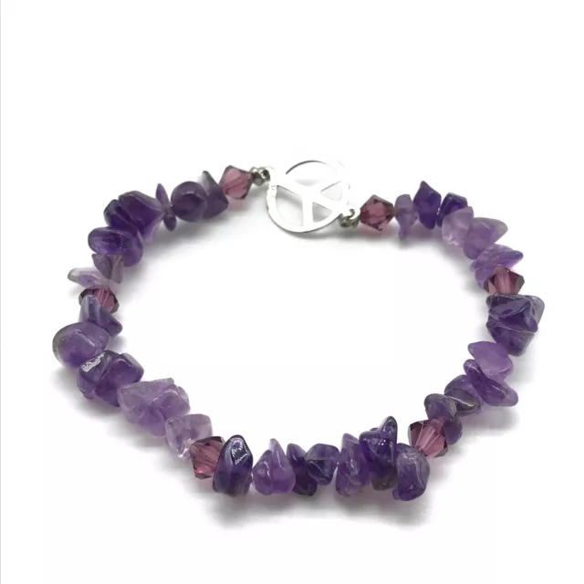 Amethyst Nugget Beaded 925 Sterling Silver Peace Sign Stretch Style Bracelet