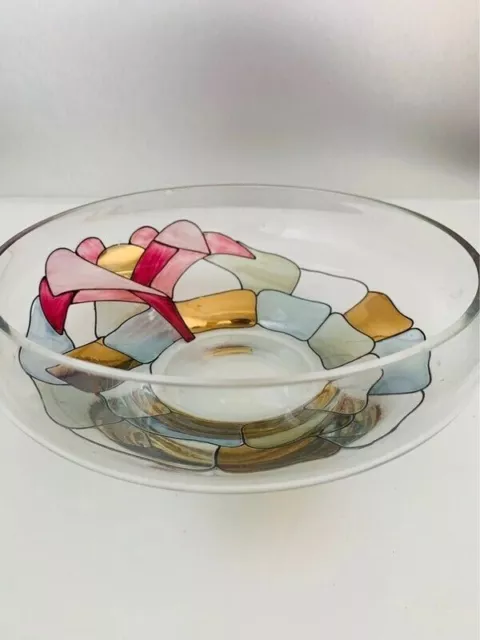 Service de Table Saladier Verre 765g Peint Main Motif Mosaïque Art Deco Vintage